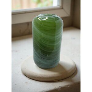 Vintage Heavy Art Glass Hand Blown Green,White,Black Swirl Pattern Vase